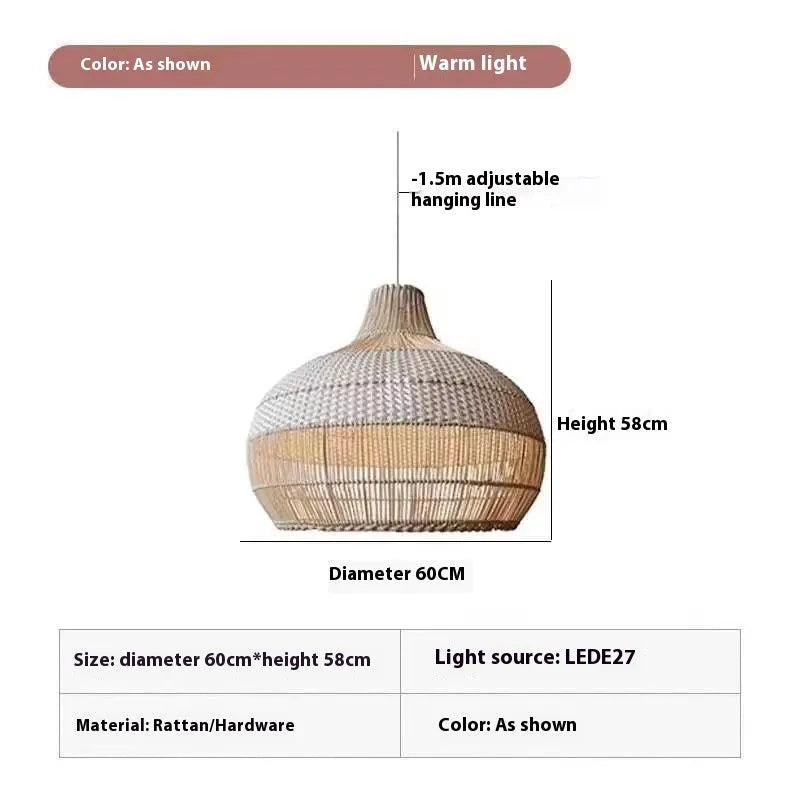 Woven rattan ceiling chandelier with a 60cm diameter in a Silent Wind style.