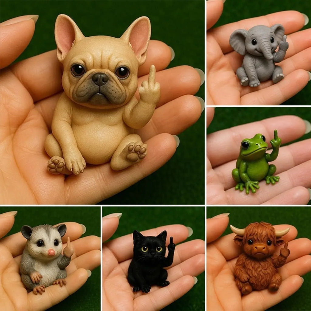 Mini resin animal middle finger doll figurine in choice of seven animal designs including cat, dog, and turtle.