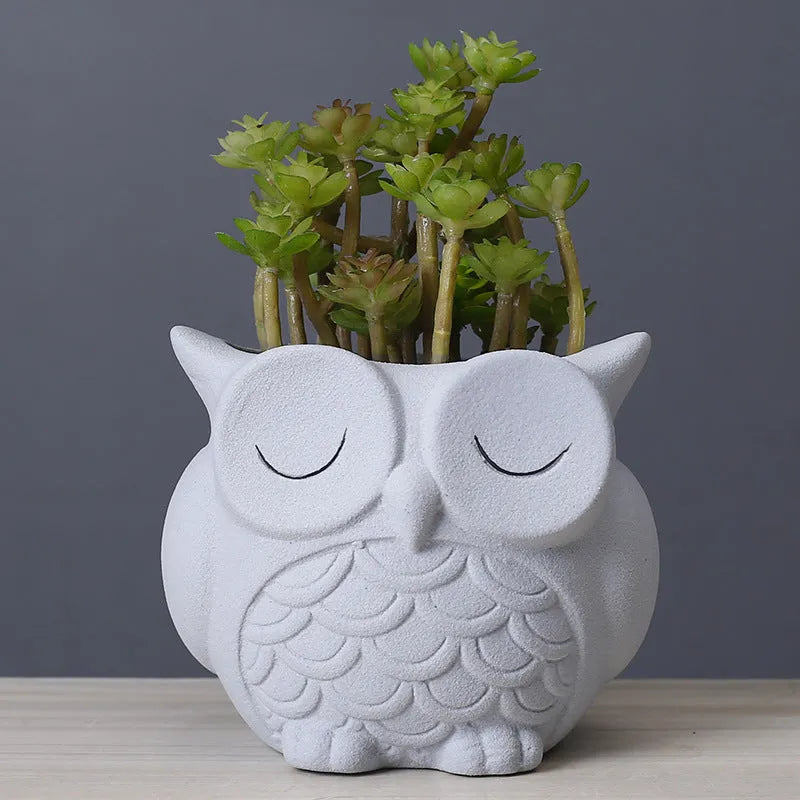 Handmade frosted ceramic owl succulent pot in pastel colour on a wooden surface.