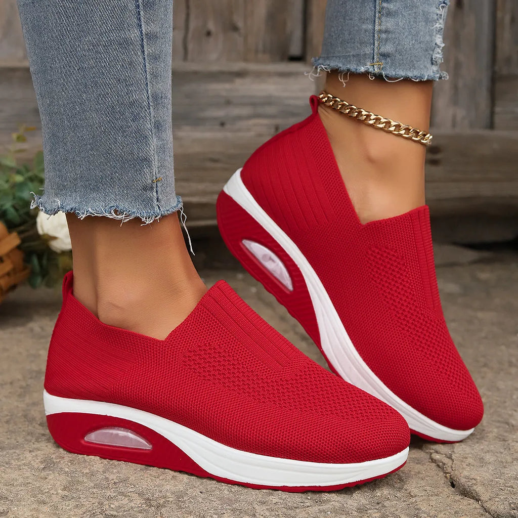 Slip-on casual women's shoes in beige with knitted upper, low top wedge heel, and round toe