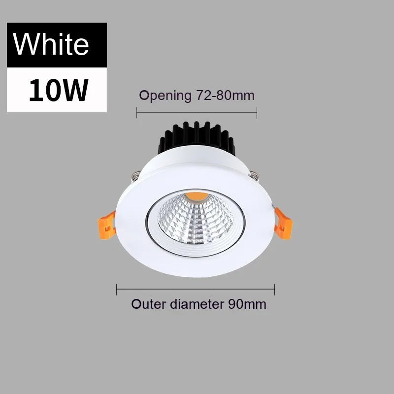 White aluminium embedded LED ceiling spotlight with anti-glare design showing three colour temperature options