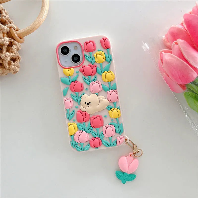 Creative cartoon bear tulip flowers pink silicone phone case with pendant for Apple iPhone