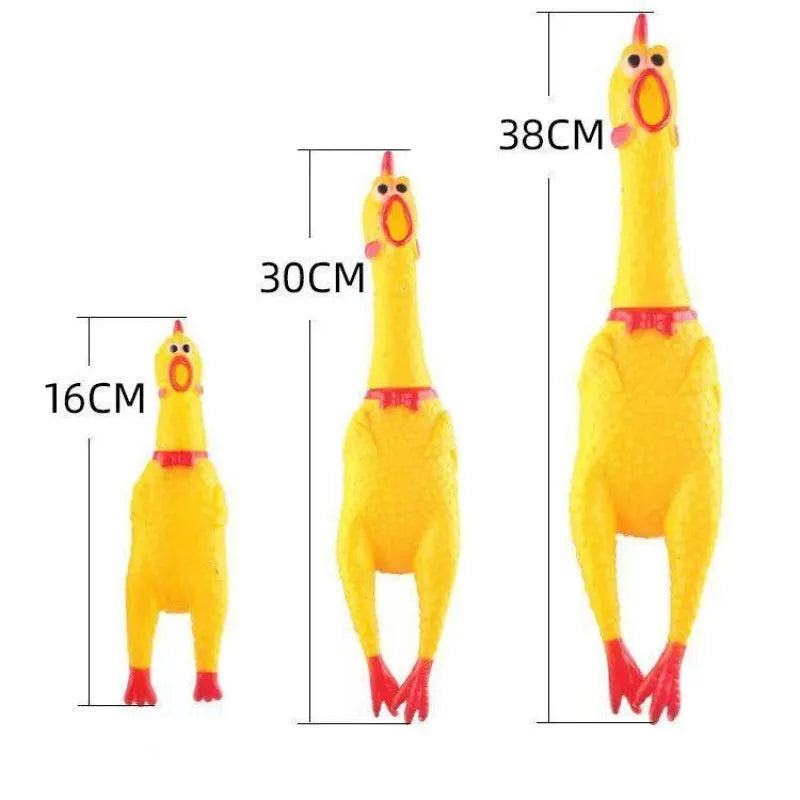 Yellow rubber squeaking chicken dog toy shown in three different sizes for pet play