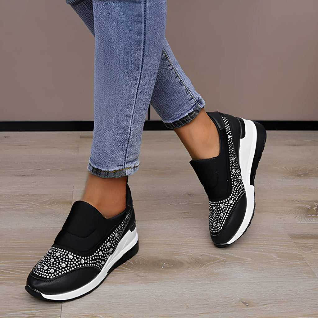 Women's rhinestone wedge shoes with hidden height increase, round toe PU upper, shown in black, pink, and white