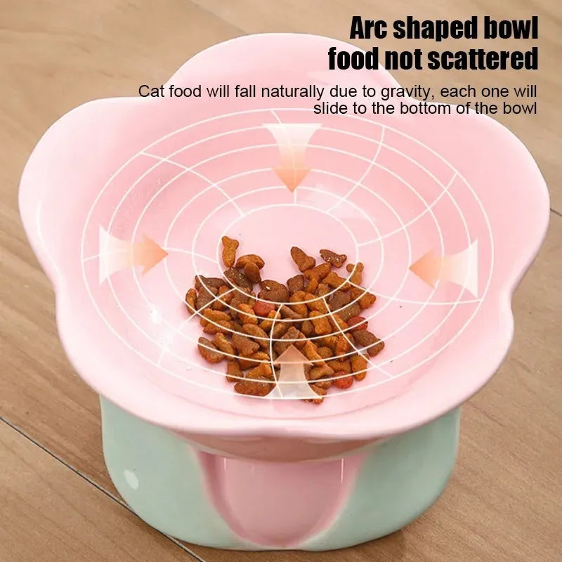 Blue floral patterned ceramic raised pet bowl with non-slip base for cats and small dogs