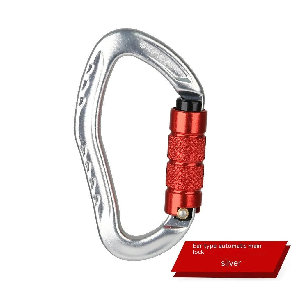Automatic master lock climbing carabiner in black, blue, orange, red, and silver colour options