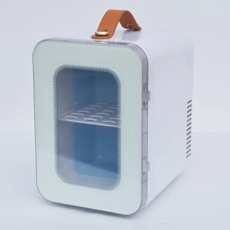 Pink mini refrigerator with transparent door showing 6L capacity for hot and cold dual-use in car and home