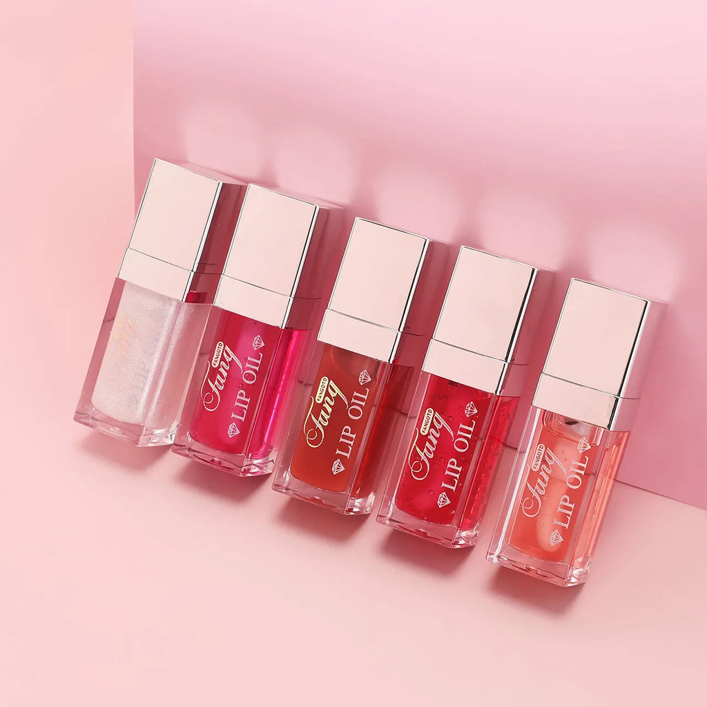 Five bright colour lip gloss lipstick tubes with moisturising essence oil including mint shade