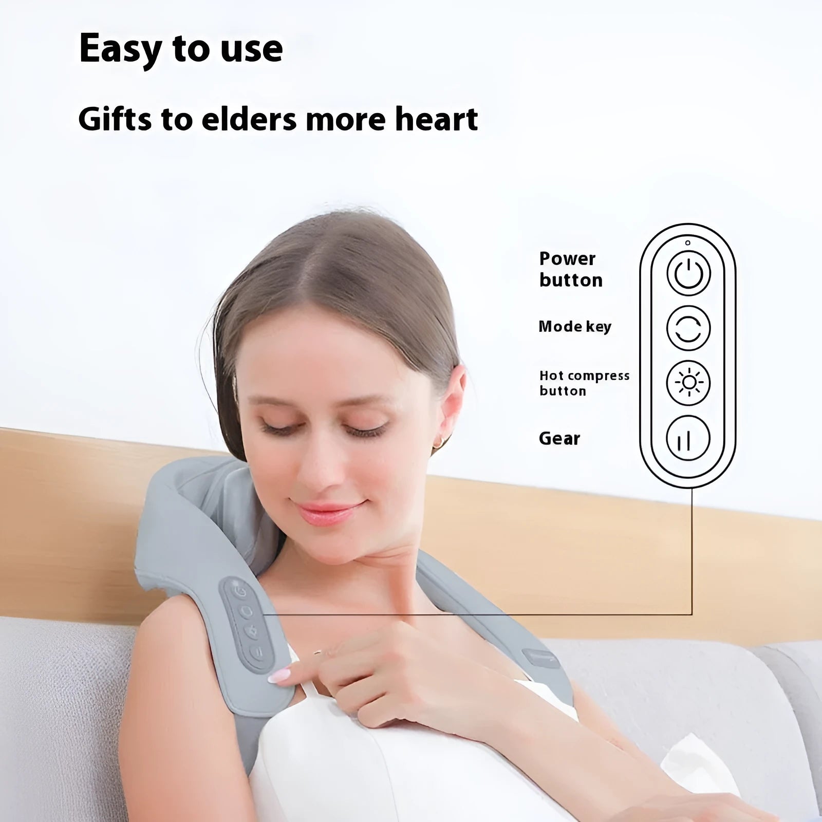Gray USB-rechargeable neck and back massager with elastic fabric, shown with charging cable.