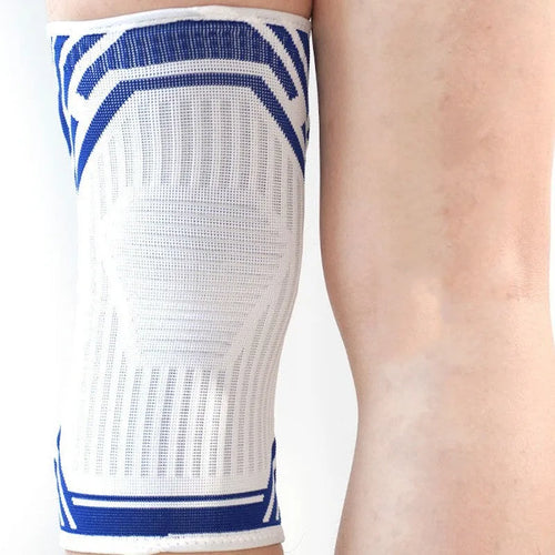 A blue elastic cotton knee pad for adult sports protection, shown alongside grey and yellow colour options.