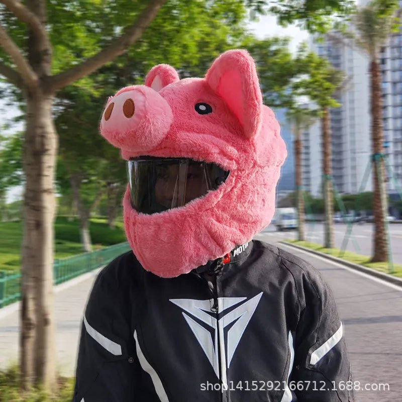 Pinkpig coloured plush helmet protective hood for motorcycles made from pv velvet cloth.