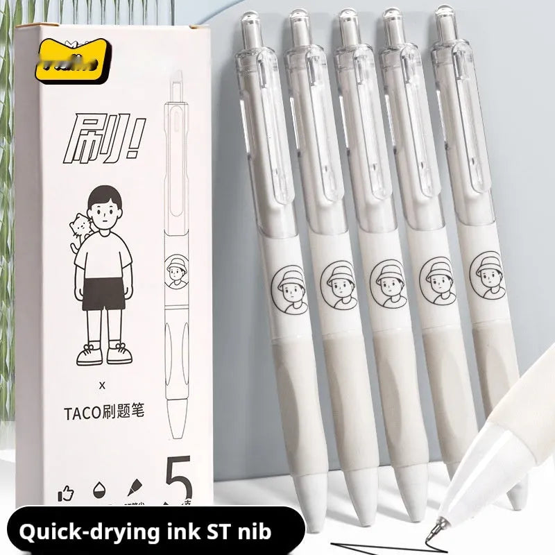 Set of five white ballpoint pens with black ink and 0.5mm tips on a table.