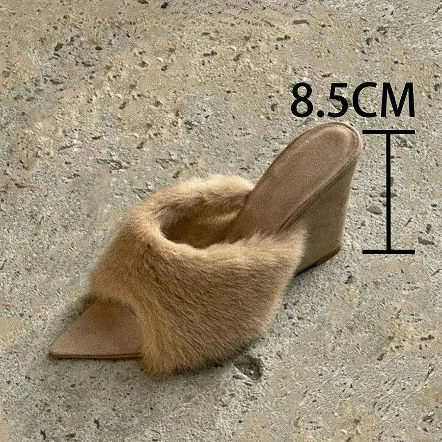 Apricot French casual wedge slippers with artificial plush upper and rubber sole for height increase
