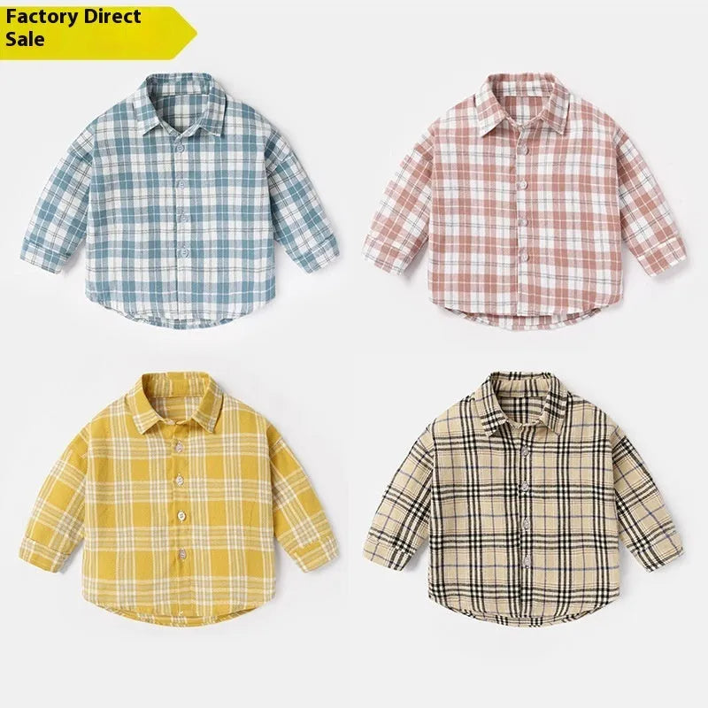 Boys' casual cotton long sleeve lattice shirt in khaki, light blue, pink, or yellow with animal cartoon pattern.