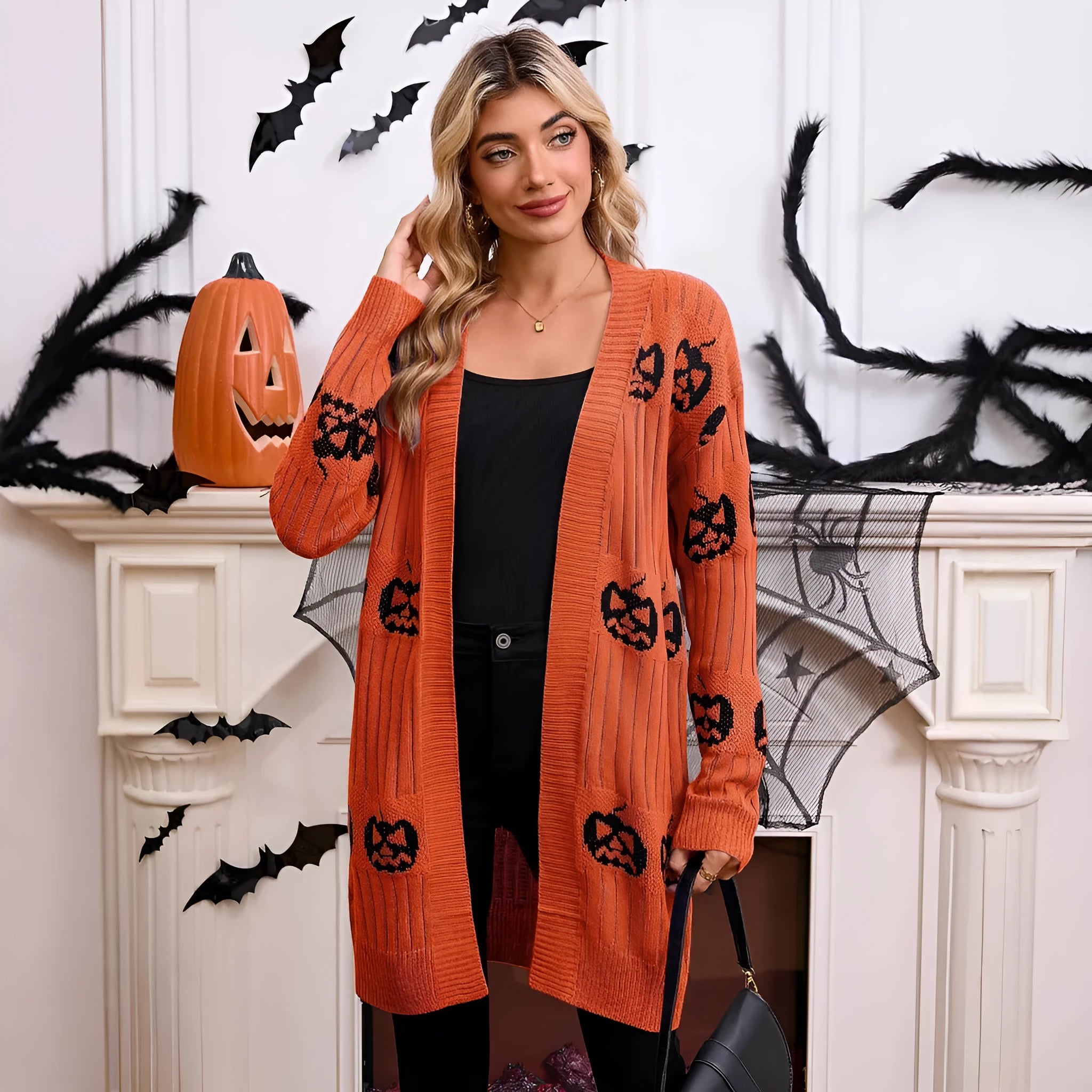 Women's Halloween pumpkin head Jacquard knitted cardigan sweater in straight fit