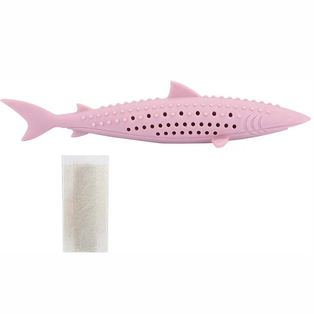 Silicone fish-shaped cat chew toy with side holes for catnip scent release in green colour