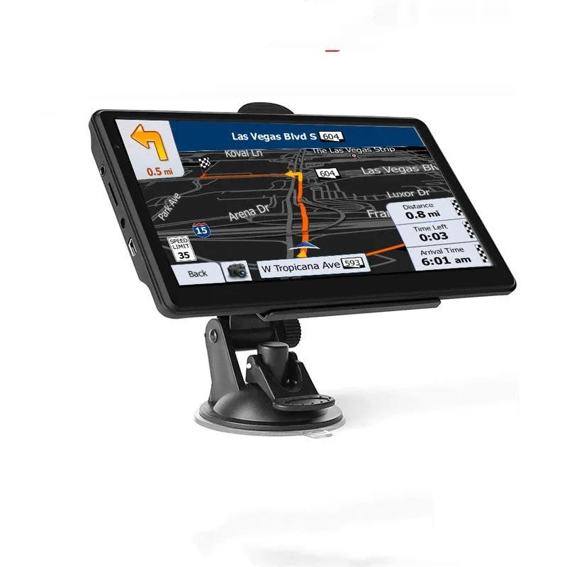 Silver 7 inch car GPS navigation device mounted on a dashboard bracket showing a map on its HD touch screen.