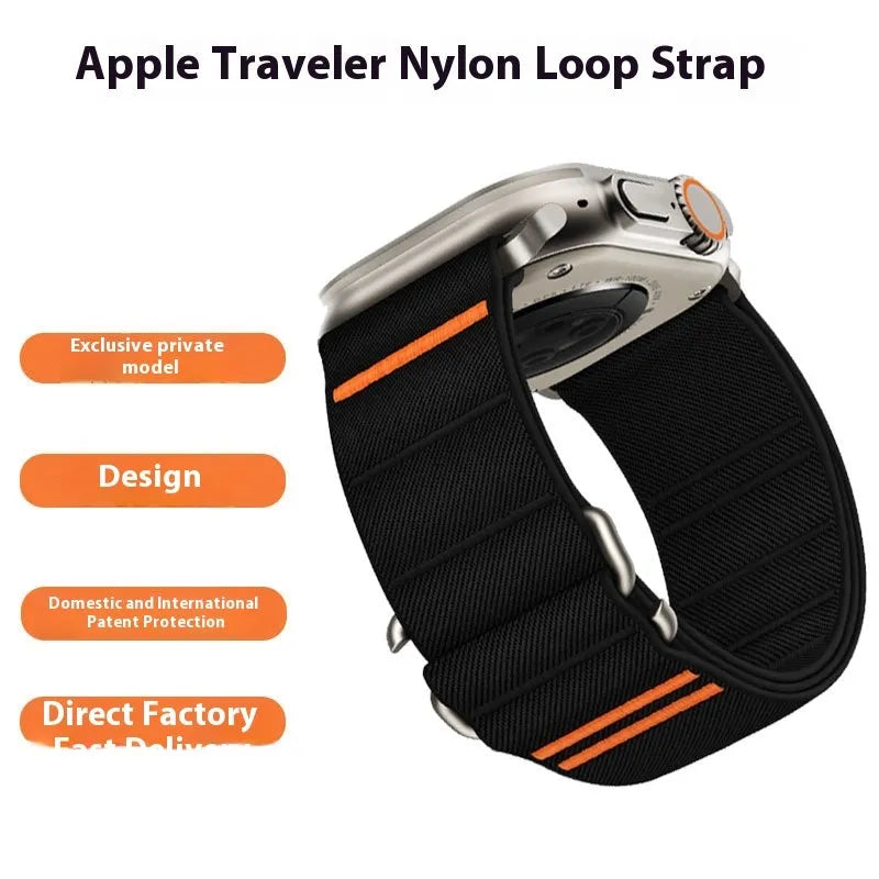 Elastic nylon watchband with stainless steel buckle for Apple Watch, shown in multiple colour options.