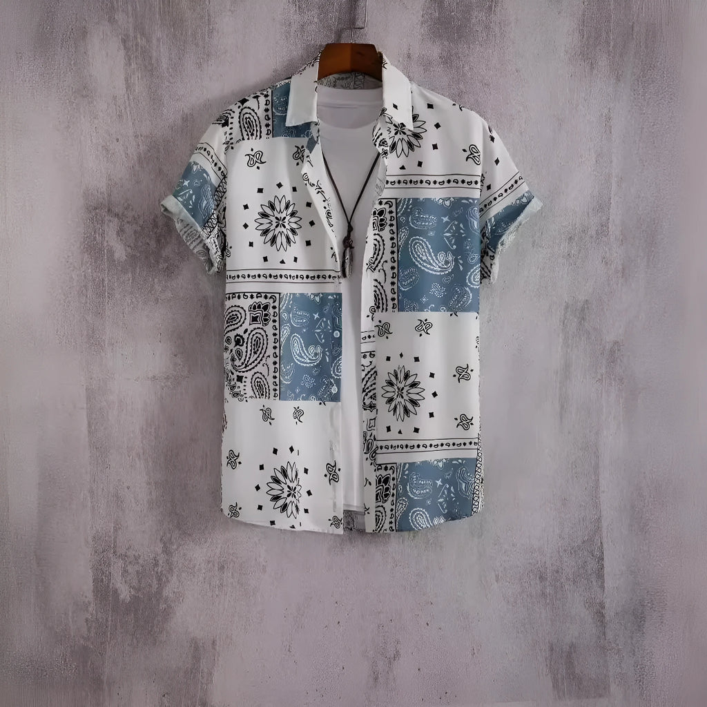 Men's floral art print short sleeve shirt in polyester, sizes S to 3XL, casual leisure top