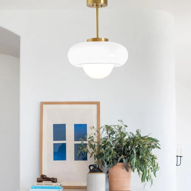 Milk white Bauhaus pendant light with three egg tart-shaped glass shades for bedroom or dining room