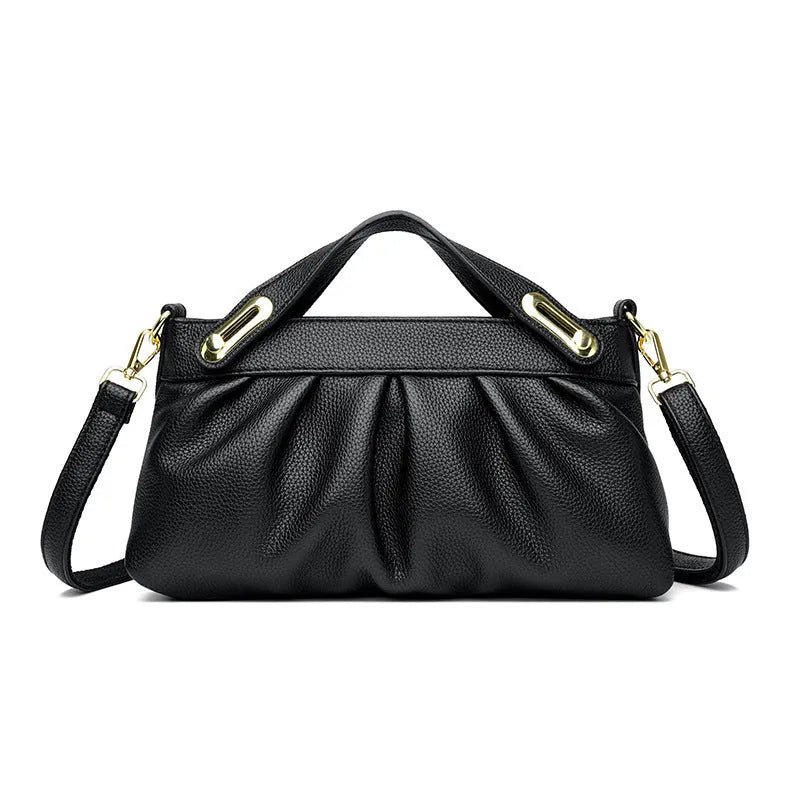 Genuine leather crossbody bag with pleated shoulder strap, horizontal square shape, available in six colours including black, khaki, green, beige, blue, red