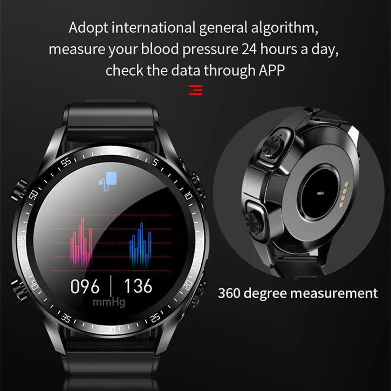 Round black smart watch with stainless steel case, Bluetooth call and heart rate monitoring features on a plain background.