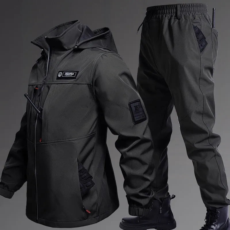 Fleece-lined waterproof jacket suit two-piece set in Black, Army Green, and Gray, sizes 165-190, for men and women
