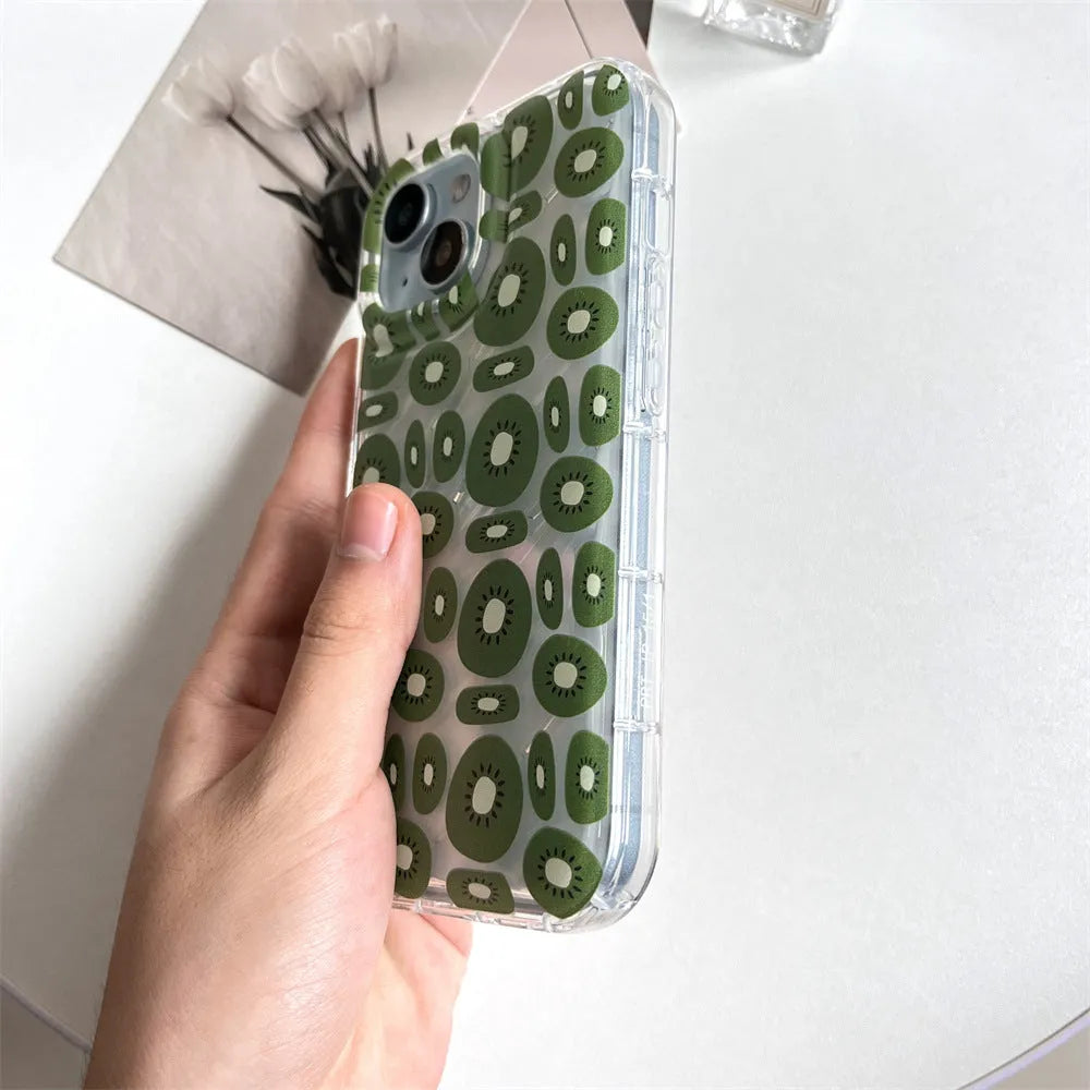 Transparent sliced kiwi fruit pattern TPU phone case for iPhone, showing kiwi green design on clear back