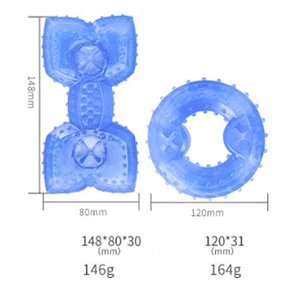 A freezable bone or circle-shaped dog chew toy, shown with treats, designed for cooling and teething relief.