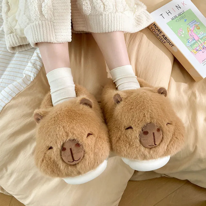 Light brown women's winter slippers with cartoon pattern, plush cotton upper and PVC sole