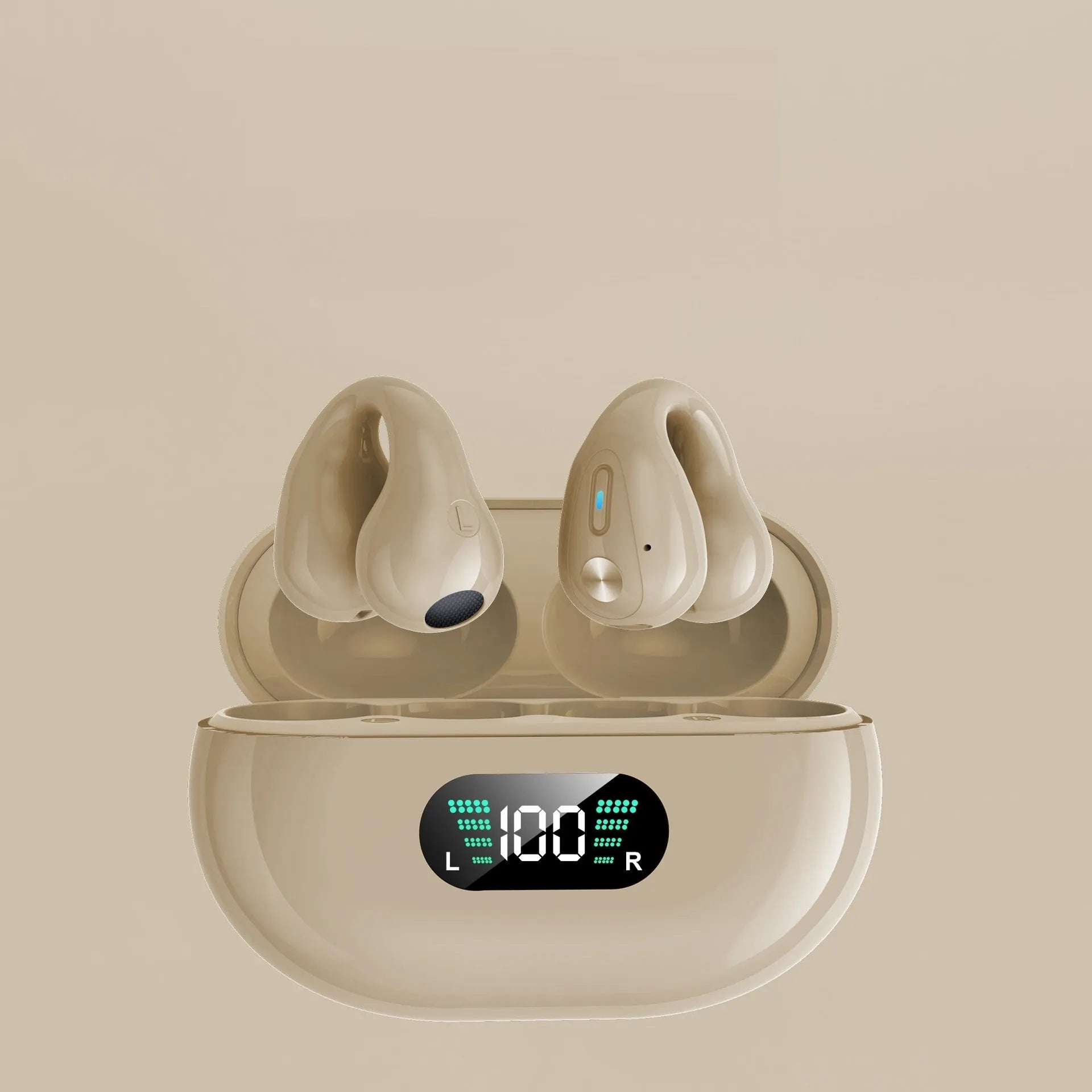 Q80 bone conduction Bluetooth clip headset in black, white, or khaki colour with ear clip design.
