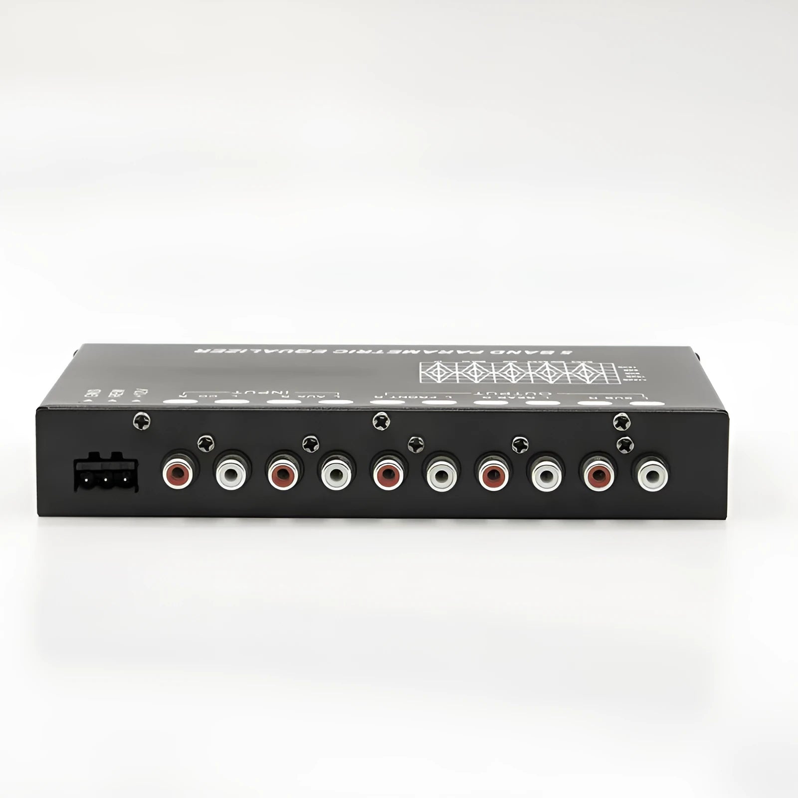 Car audio equaliser with front panel controls showing frequency bands and volume adjustments