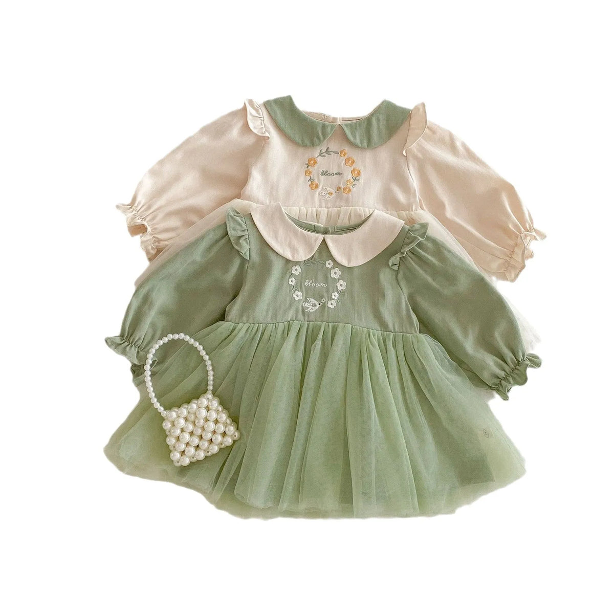 Girls' floral spring dress, long sleeve cotton, beige and pastoral green, suitable height 73-120