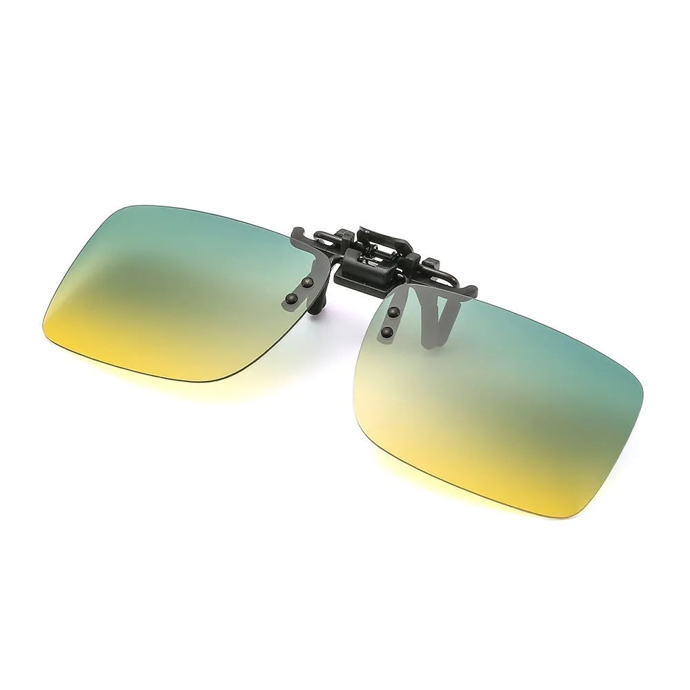 Transparent colourless resin polarised clip-on sunglasses with dual-purpose day and night modes for driving