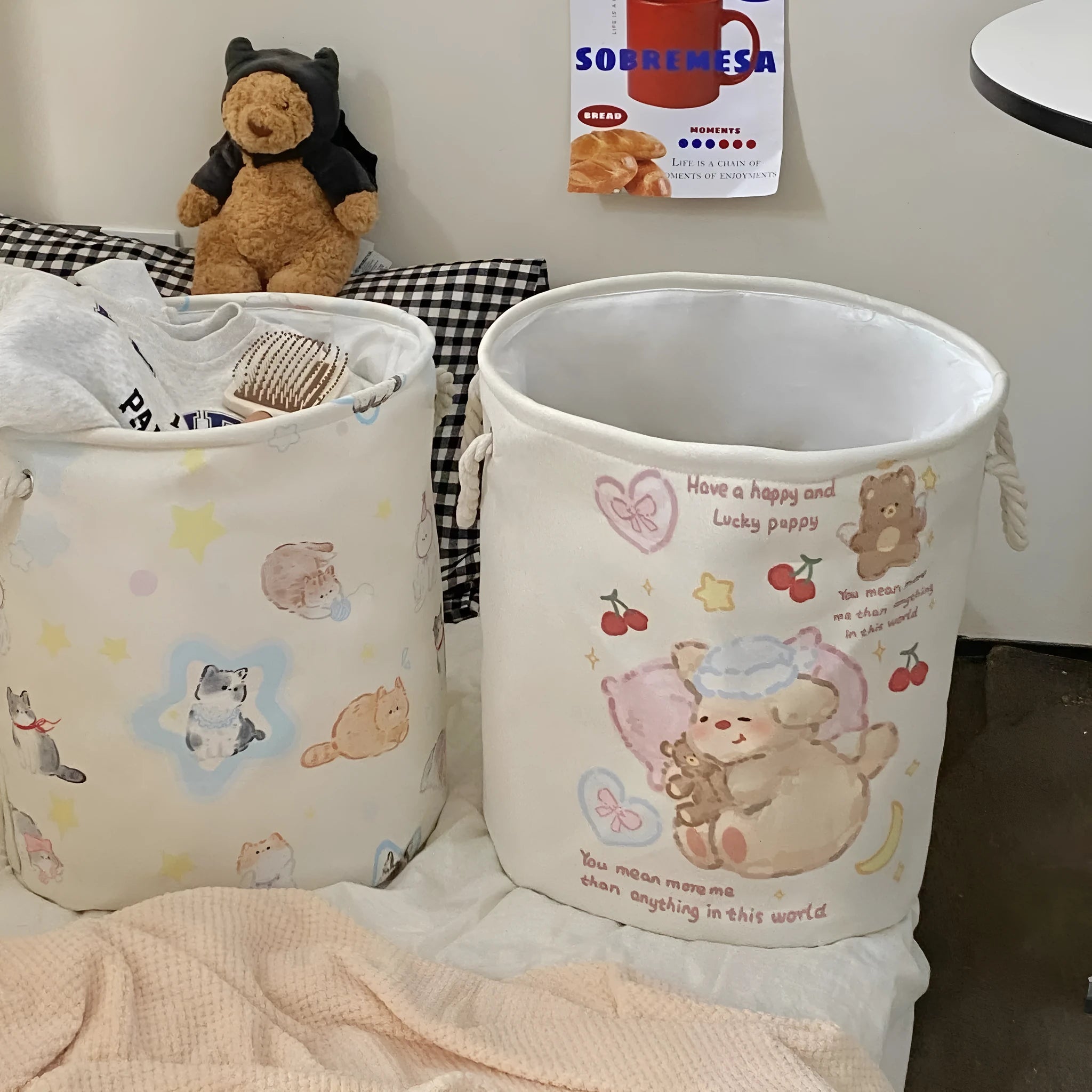 Foldable cotton cloth laundry basket with bear pattern design for bedroom storage