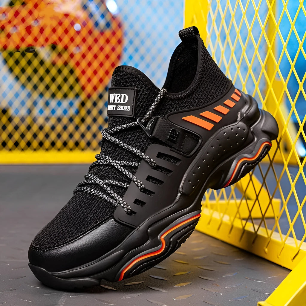 Black safety protection shoes with steel toe cap and flat knitted uppers for industrial work
