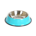 Stainless steel pet bowl with colourful melamine exterior and non-slip rubber base in multiple colour options
