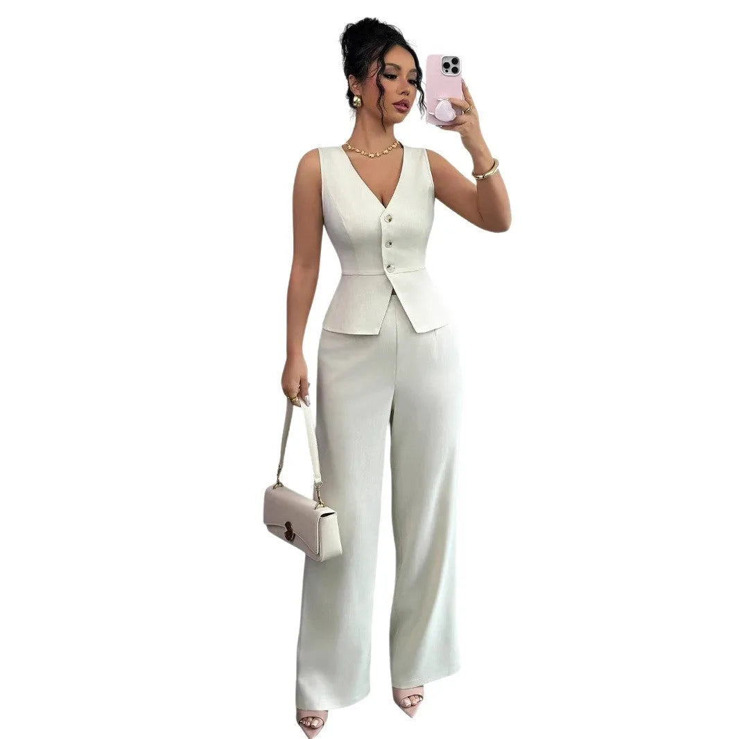 Women's sleeveless vest and high-waist trouser two-piece set in solid colour polyester fabric