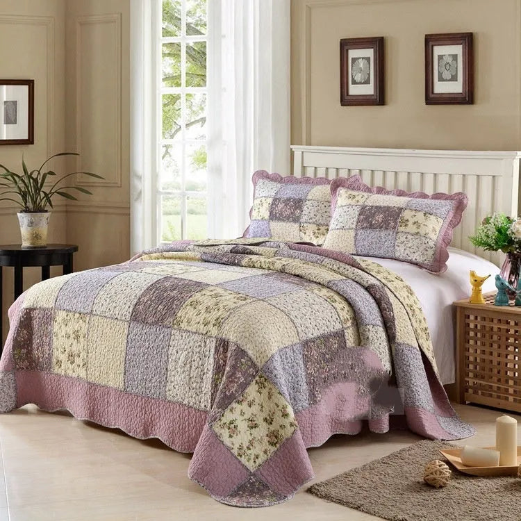 Washed pure cotton quilted bedspread set with matching pillowcases in a Korean style pattern