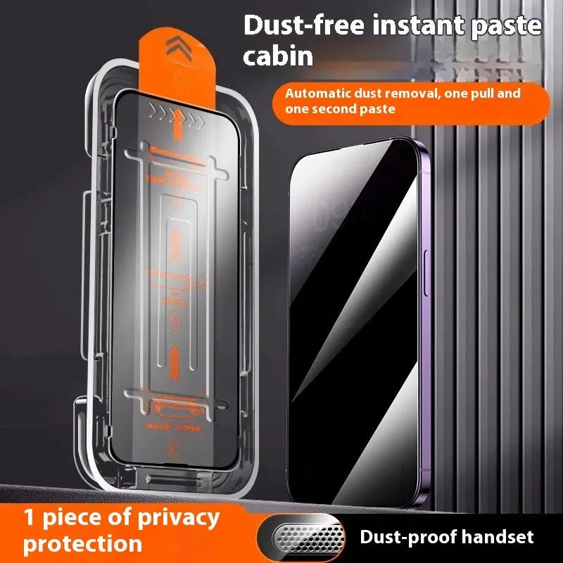 Tempered glass screen protector for iPhone with anti-peep privacy feature, ultra clear option, and dust-free bin