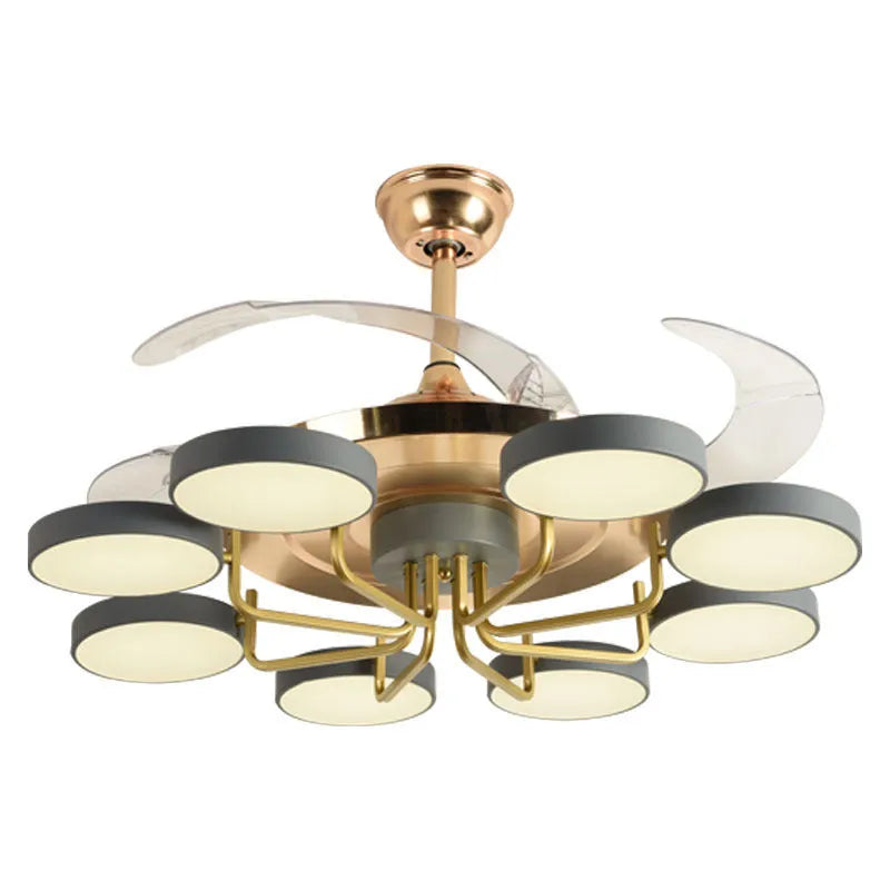 Modern 42 inch 8-head LED ceiling fan lamp with remote control in a living room setting
