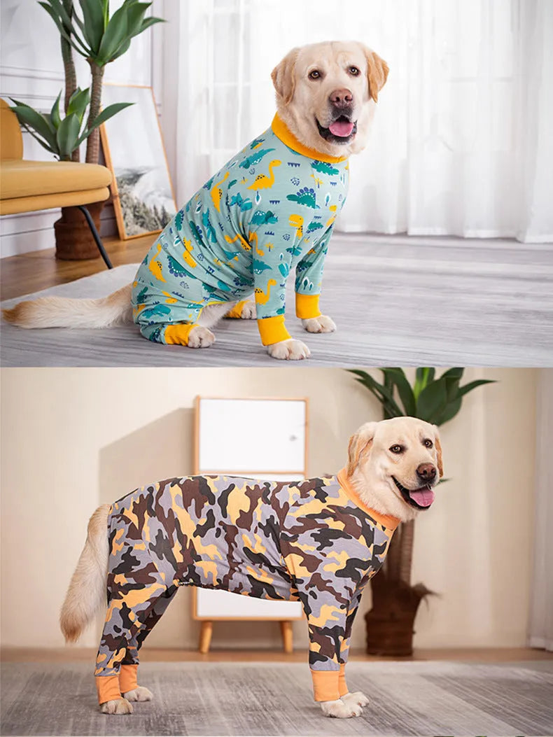 Cotton four-legged pet clothing in dinosaur design with full belly coverage, available in sizes 26 to 38 yards