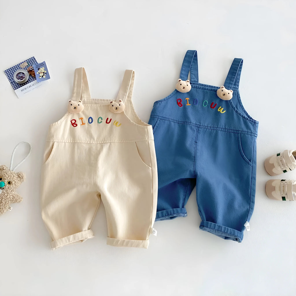 Children's cotton suspender jeans overalls in almond beige for girls, mid-waist style