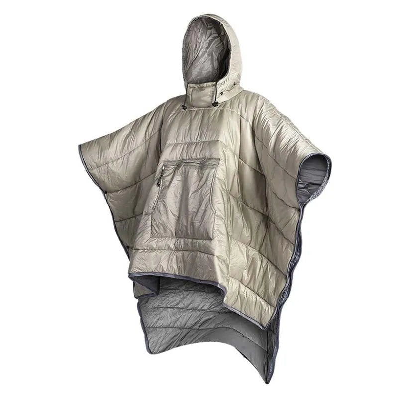 Outdoor cloak sleeping bag in grey laid out flat showing its 200x140cm rectangular shape.