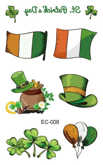 Irish festival temporary tattoo sticker with St. Patrick's Day shamrock design measuring 120×75mm