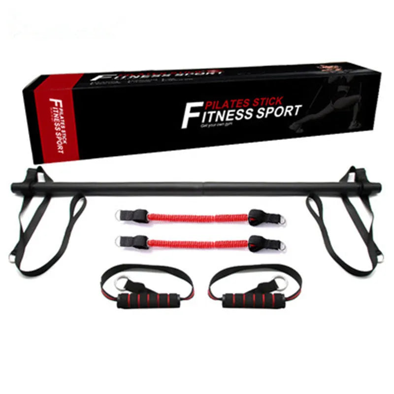 Pilates stick with 93cm folding rod, 100cm adjusting belt, black and red handles, and 30lb natural latex resistance bands