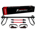 Pilates stick with 93cm folding rod, 100cm adjusting belt, black and red handles, and 30lb natural latex resistance bands