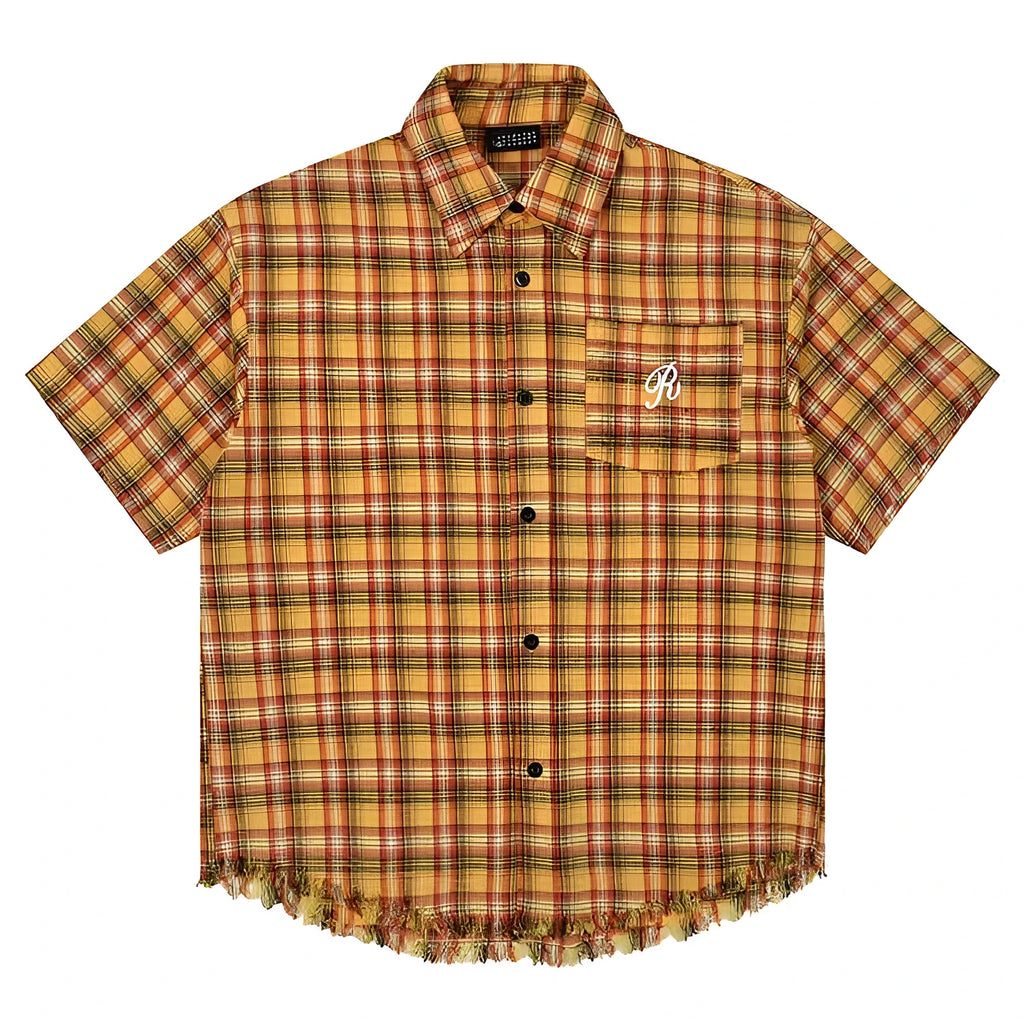 Yellow plaid short sleeve shirt with embroidery pocket detail in loose fit for men and women