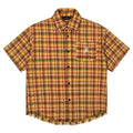 Yellow plaid short sleeve shirt with embroidery pocket detail in loose fit for men and women