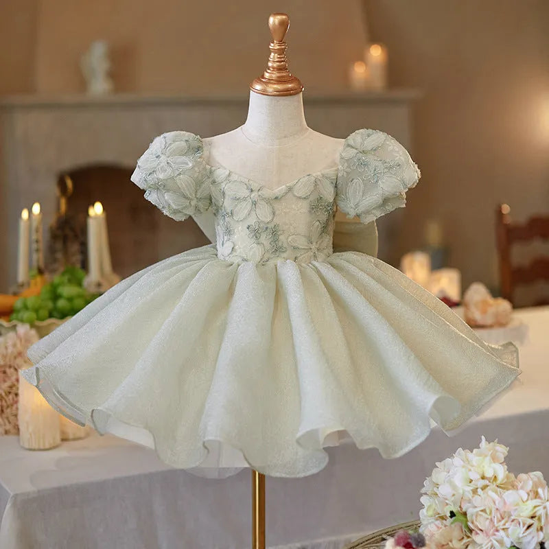French children's birthday dress in fruit green for girls, princess style, polyester blend, suitable height 80-150cm with bow option